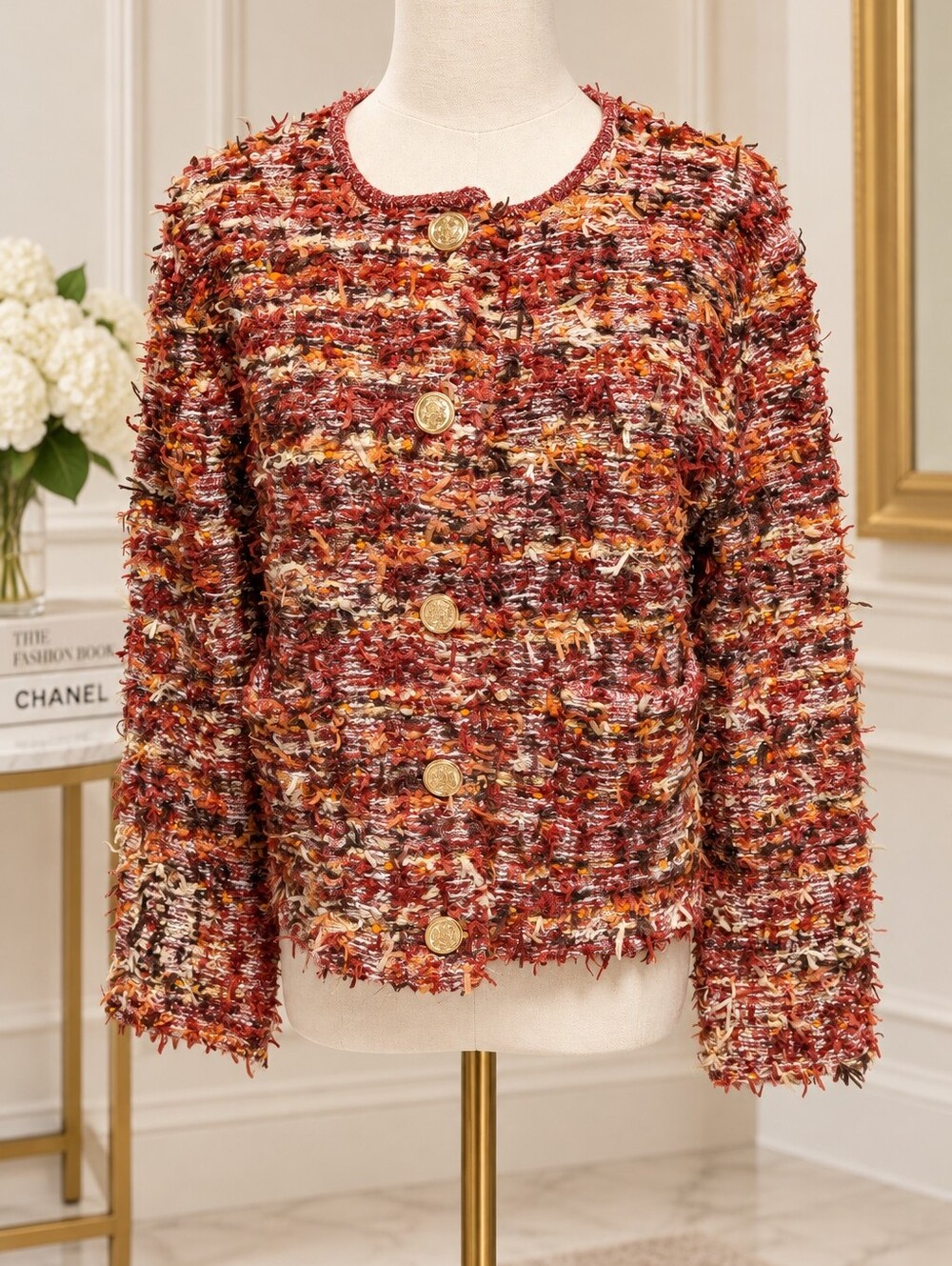 ZARA Boucle Tweed Jacket Gold Crest Buttons Fringe Multicolor Blazer Size M